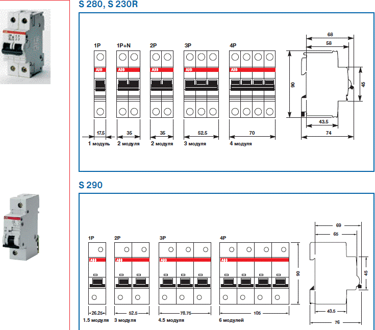 Автоматические выключатели ABB S230R, S 280, S 290 и габариты